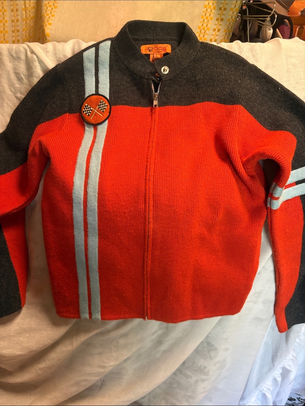 BDG CORVETTE Women Orange & Charcoal Zip-Up Racing Stripe Hoodie 18”PTP